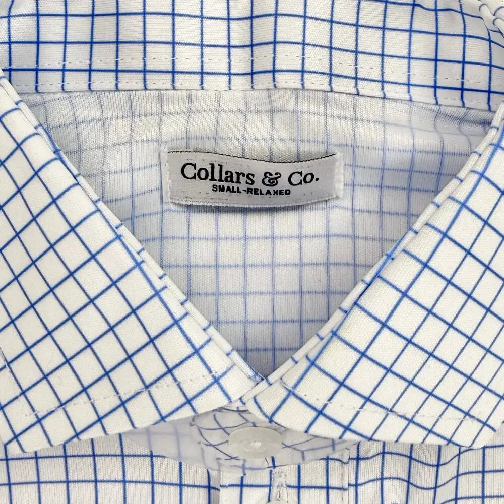 Collars & Co Semi Spread Collar Polo Shirt Men's Small Relaxed Thin Blue Check